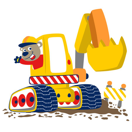 vector cartoon of teddy bear on construction vehicleのイラスト素材