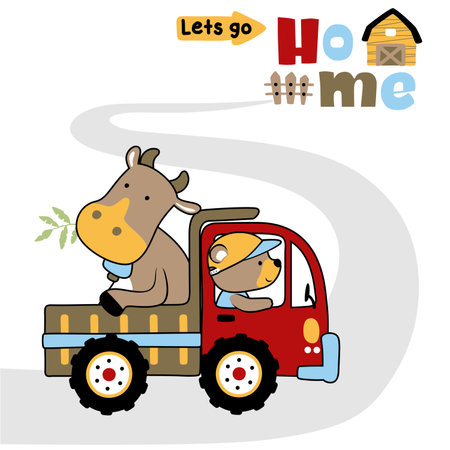 Cute bear driving truck with a bull going to barn, vector cartoon illustrationのイラスト素材