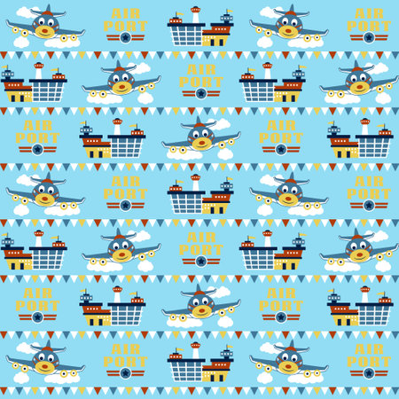 vector cartoon seamless pattern of funny airplane with airport elementsのイラスト素材