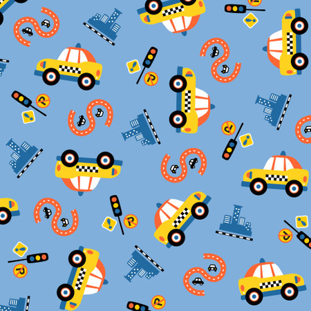 Vector cartoon pattern. yellow taxi with city traffic elementsのイラスト素材