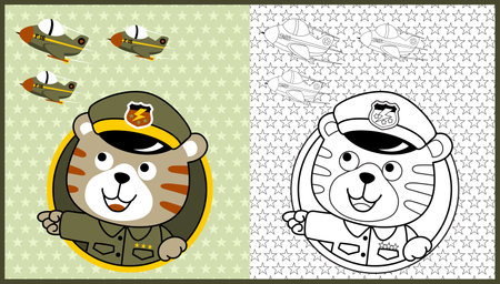 vector cartoon of funny cat soldier with jet plane on stars background pattern, coloring book or pageのイラスト素材