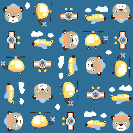 Vector cartoon seamless pattern of air transportation elements with cute bear smile faceのイラスト素材
