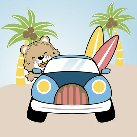 cute leopard on car in the beach, vector cartoon illustrationのイラスト素材
