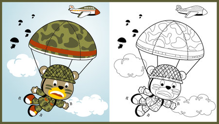 funny bear soldier skydiving, vector cartoon illustration, coloring book or pageのイラスト素材