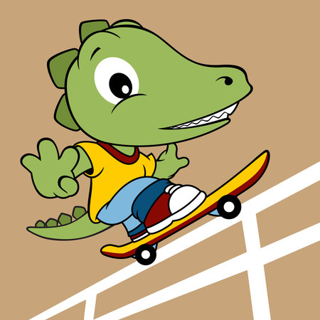 Funny dinosaur playing skateboard, vector cartoon illustrationのイラスト素材