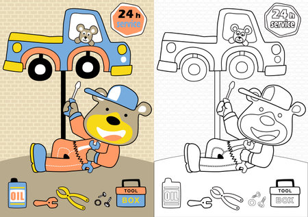 Cute bear fixing the car, mice on car, vector cartoon, coloring page or bookのイラスト素材