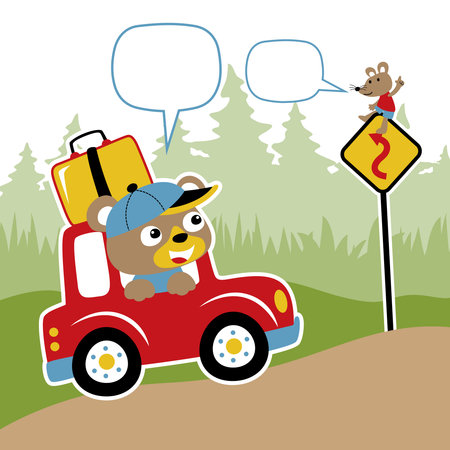 Funny bear on red car with mice on road sign, vector cartoon illustrationのイラスト素材
