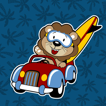 vector cartoon of cute lion driving car carrying surfboard on palm tree background patternのイラスト素材