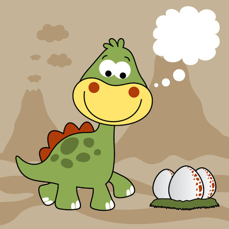 Cute dinosaur with its eggs on volcanoes background, vector cartoon illustrationのイラスト素材