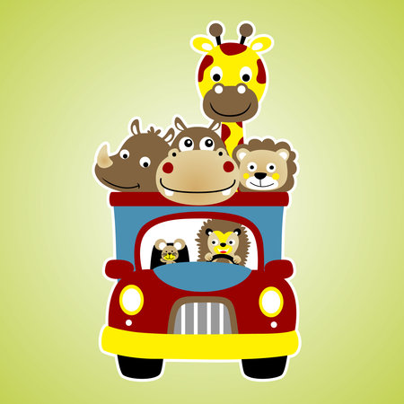 Group of cute animals on truck, vector cartoon illustrationのイラスト素材