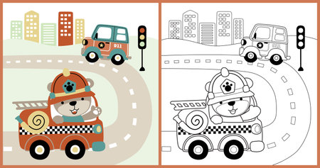 vector cartoon of cute bear on firetruck with police car in city road, coloring book or pageのイラスト素材