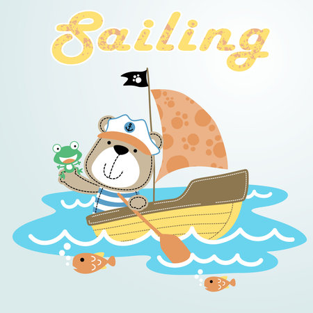 Cute bear with frog on sailboat with fishes, vector cartoon illustrationのイラスト素材