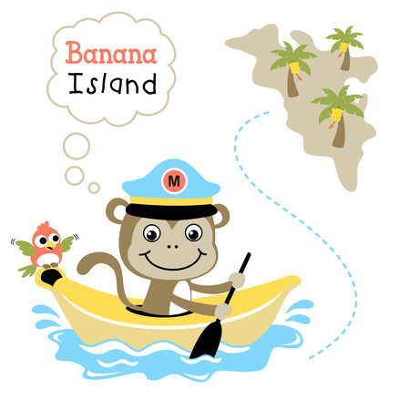 Funny monkey with little bird on banana boat go to banana island, vector cartoon illustrationのイラスト素材