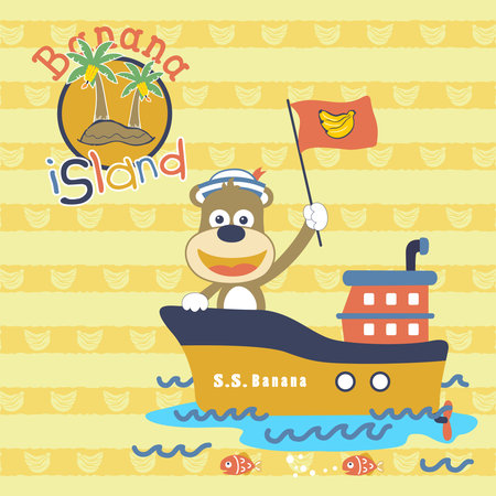 Cute monkey on boat going to banana island on banana striped background, vector cartoon illustrationのイラスト素材
