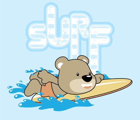 vector cartoon of cute bear surfing on typography backgroundのイラスト素材