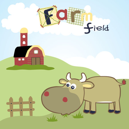 farm field vector cartoon with funny cow on blue sky backgroundのイラスト素材