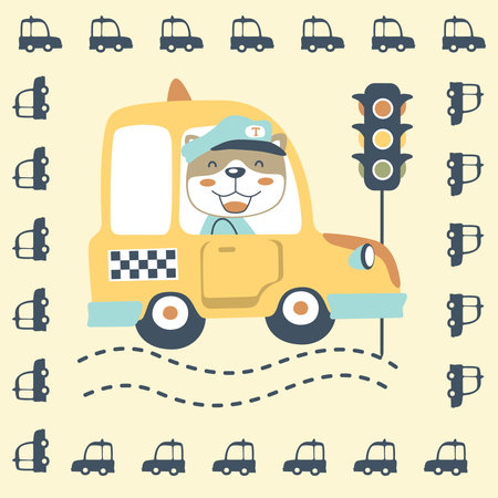 cute cat driving taxi in silhouette vehicles frame border, vector cartoonのイラスト素材