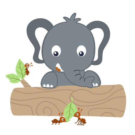 little elephant with ants on tree trunk, vector cartoon illustrationのイラスト素材