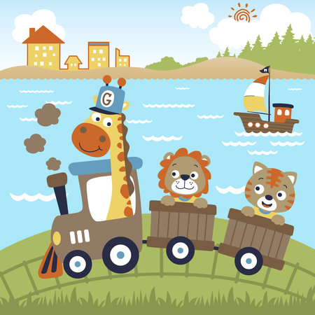 funny animals vacation with steam train on sea coast background, vector cartoon illustrationのイラスト素材