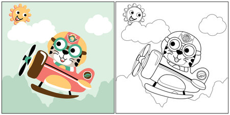 vector cartoon of funny tiger on airplane with smiling sun in sky, coloring book or pageのイラスト素材