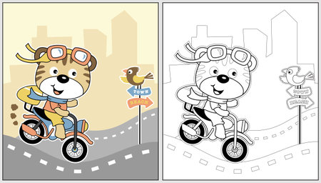 cartoon vector of funny cat riding motorcycle with a little bird on road sign, coloring book or pageのイラスト素材