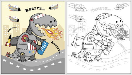 Dinosaur robot attack city with airplane, vector cartoon illustration, coloring book or pageのイラスト素材