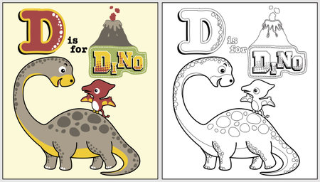 Funny dinosaurs with volcano eruption, vector cartoon, coloring book or pageのイラスト素材