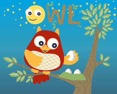 Cute owl holding it eggs on tree at night with smiling full moon, vector cartoon illustrationのイラスト素材