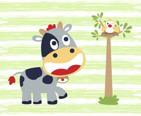 vector cartoon illustration of funny cow with bird in the tree on striped backgroundのイラスト素材