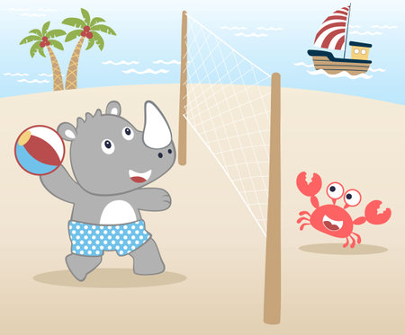 vector cartoon illustration of rhino with little crab playing volleyball in the beachのイラスト素材