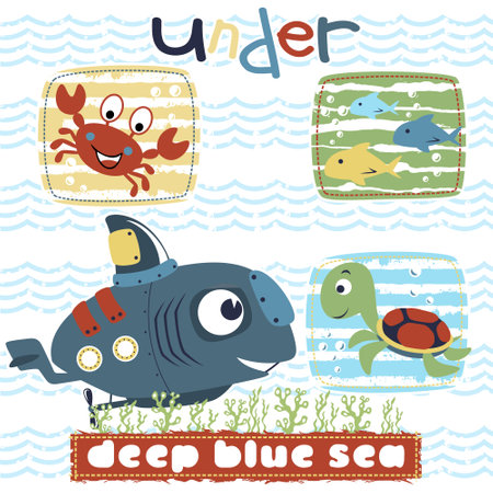 Funny submarine with funny marine animals underseaのイラスト素材