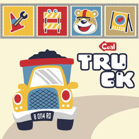 vector cartoon of truck with construction signs and funny bear faceのイラスト素材