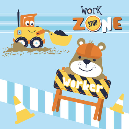 Funny bear with smiling construction vehicle, vector cartoon illustrationのイラスト素材
