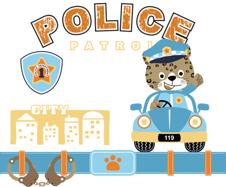 Funny cat on police car with police element, vector cartoon illustrationのイラスト素材