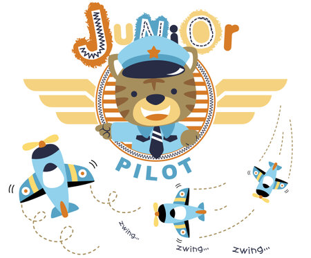 Cute kitten in pilot costume with airplanes, cartoon vector illustrationのイラスト素材