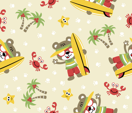 seamless pattern vector of cute bear the surfer with beach vacation elementsのイラスト素材