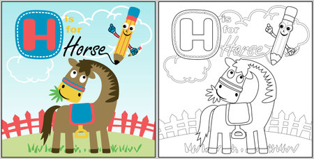 Vector cartoon of funny horse with pencil in garden, coloring book or pageのイラスト素材