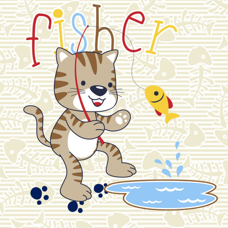 cute cat cartoon fishing on fish bone background patternのイラスト素材