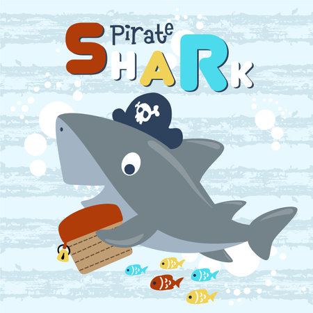 vector cartoon of pirate shark with treasure chest, colorful fishes on cracked striped backgroundのイラスト素材