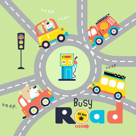 vector cartoon of funny bear on car, colorful vehicles in ring road with traffic elementのイラスト素材