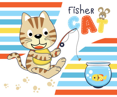 Funny cat fishing at a jar, mice on letter, vector cartoon illustrationのイラスト素材