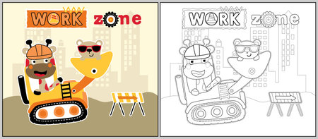 Vector cartoon illustration of funny giraffe with bear on construction vehicle, coloring book or pageのイラスト素材