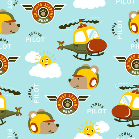 seamless pattern vector of funny bear with helicopter and sky objectsのイラスト素材