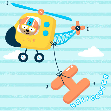 Funny bear pilot on helicopter pulling H letter, vector cartoon illustrationのイラスト素材