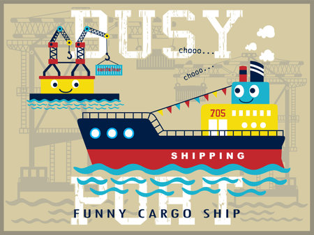 Busy port with funny cargo ship cartoon vector on crane backgroundのイラスト素材