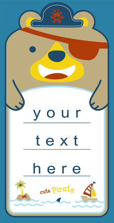 Animal cartoon vector character on card template, cute bear wearing pirate accessories, pirate elementsのイラスト素材