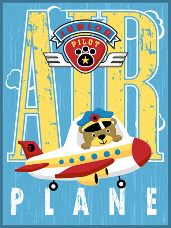 Cute bear pilot on airplane with flight logo on AIR PLANE typography background, vector cartoon illustrationのイラスト素材