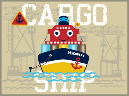 Funny cargo ship cartoon vector on crane backgroundのイラスト素材