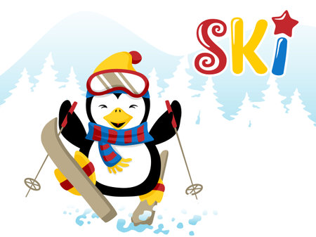 Vector of skiing penguin cartoonのイラスト素材