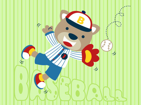 Funny cat wearing baseball player uniform jumping to catching ball in baseball match. Vector cartoon illustrationのイラスト素材